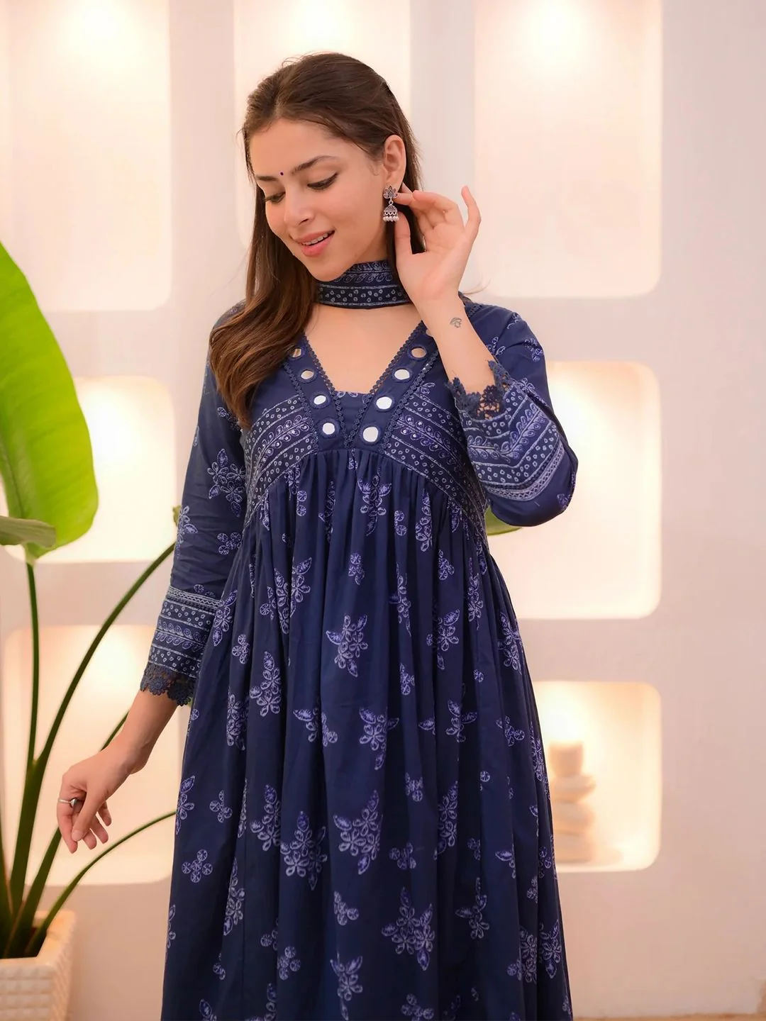 KALINI Floral Printed V-Neck Empire Anarkali Mirror Work Kurta With Trousers & Dupatta - Image 7