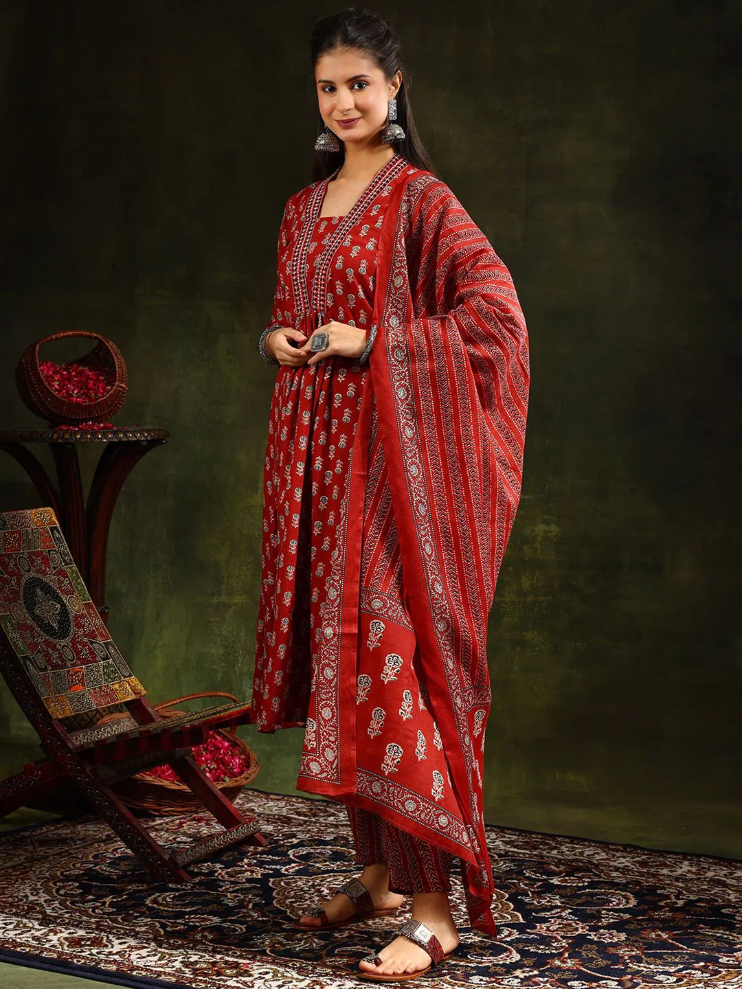 KALINI Floral Printed V-Neck Pleated A-Line Kurta With Trouser And Dupatta - Image 3