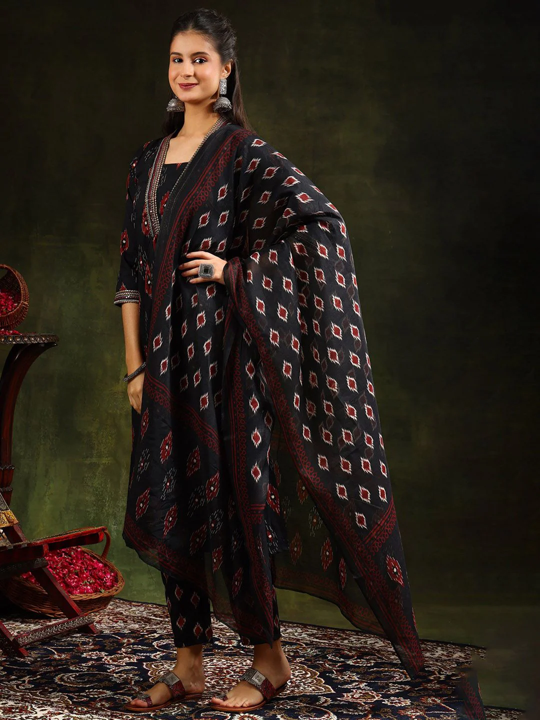 KALINI Floral Printed V-Neck Pleated A-Line Kurta With Trouser And Dupatta - Image 3