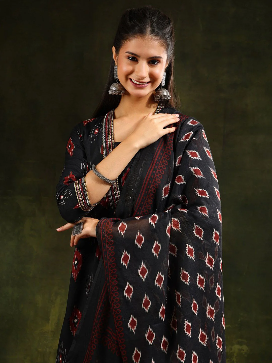 KALINI Floral Printed V-Neck Pleated A-Line Kurta With Trouser And Dupatta - Image 6