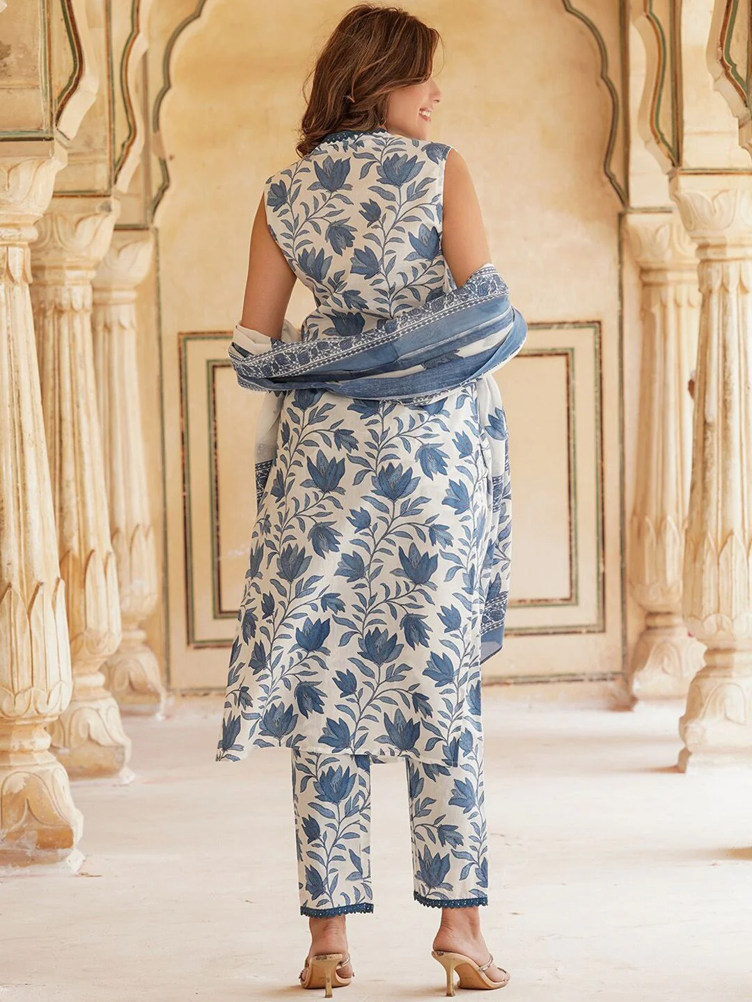 KALINI Floral Printed V-Neck Pure Cotton Straight Kurta & Trousers With Dupatta - Image 4