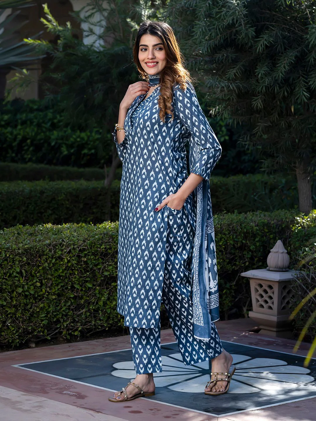 KALINI Floral Printed V-Neck Pure Cotton Straight Kurta With Palazzos And Dupatta - Image 5