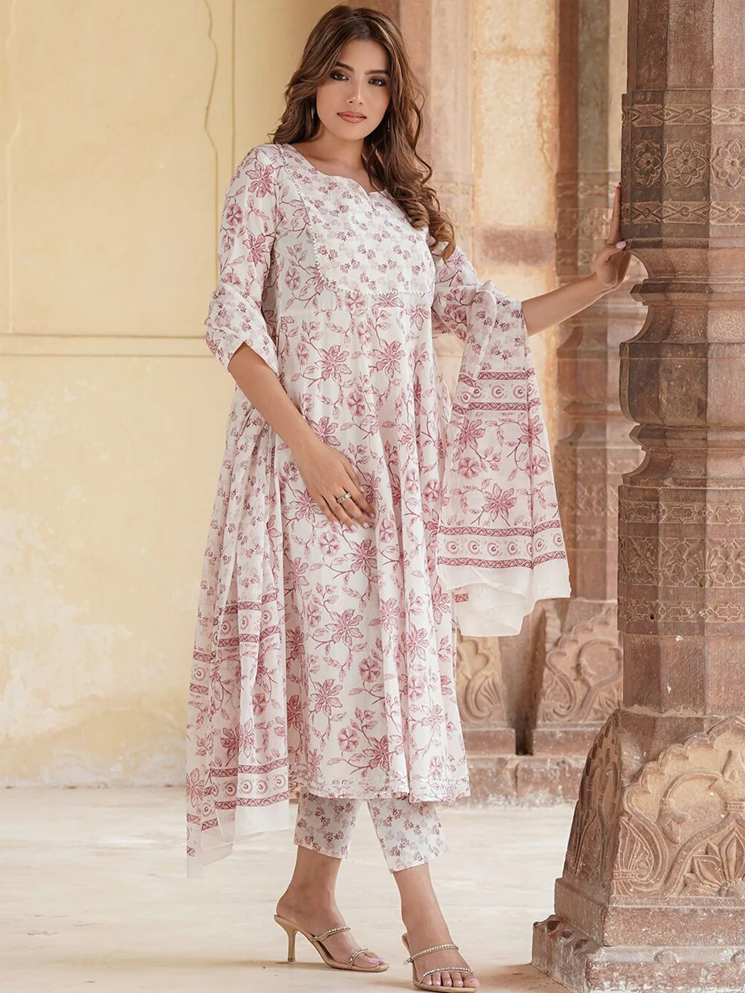 KALINI Floral Printed V-Neck Regular Gotta Patti Kurta With Trousers & Dupatta - Image 3