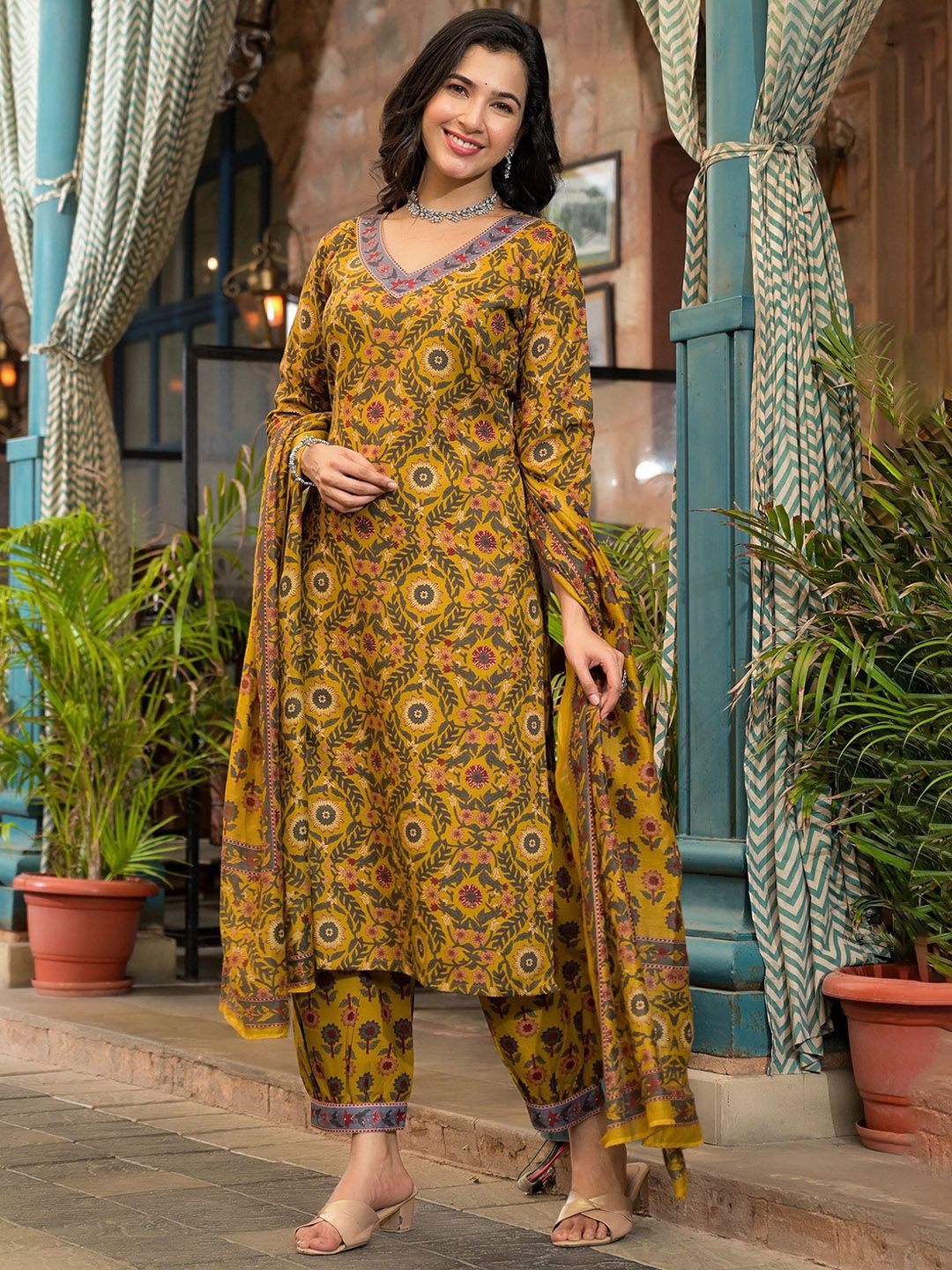 KALINI Floral Printed V Neck Straight Kurta With Salwar & Dupatta - Image 3