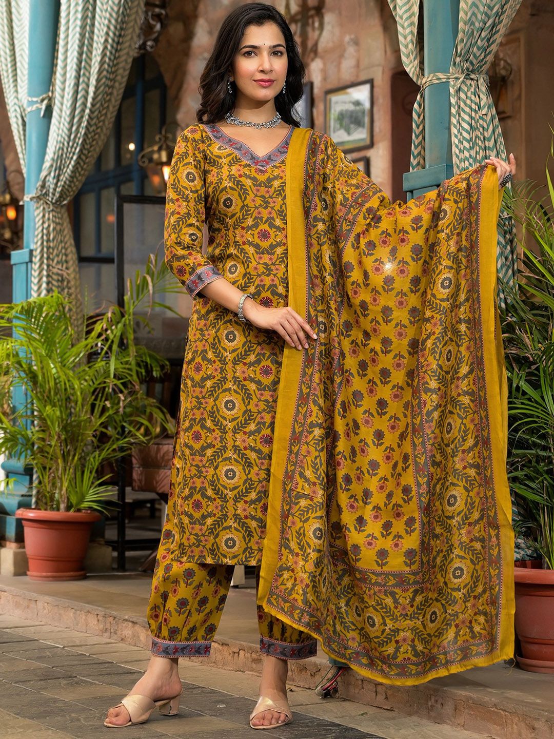 KALINI Floral Printed V Neck Straight Kurta With Salwar & Dupatta - Image 5