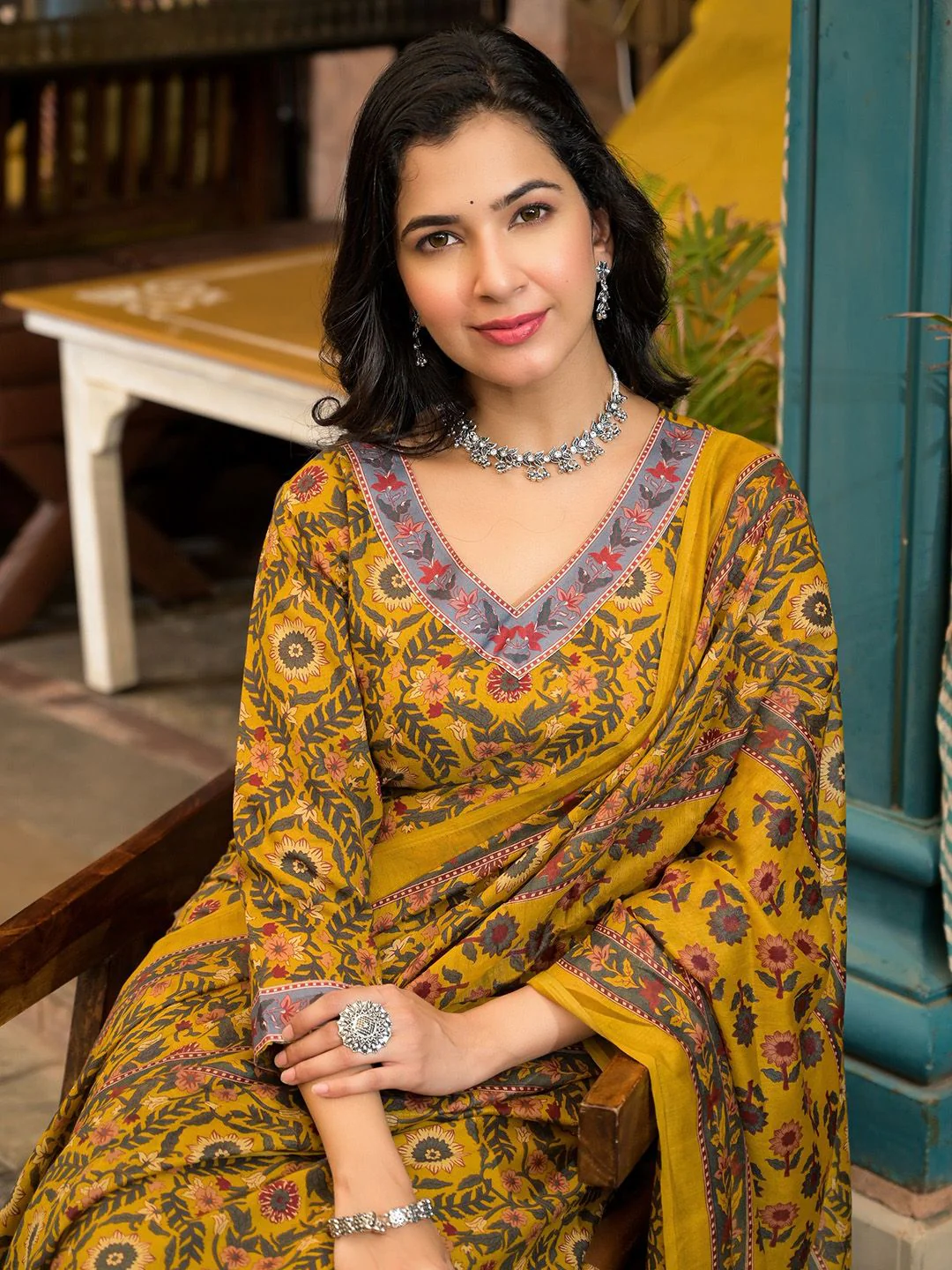 KALINI Floral Printed V Neck Straight Kurta With Salwar & Dupatta - Image 6
