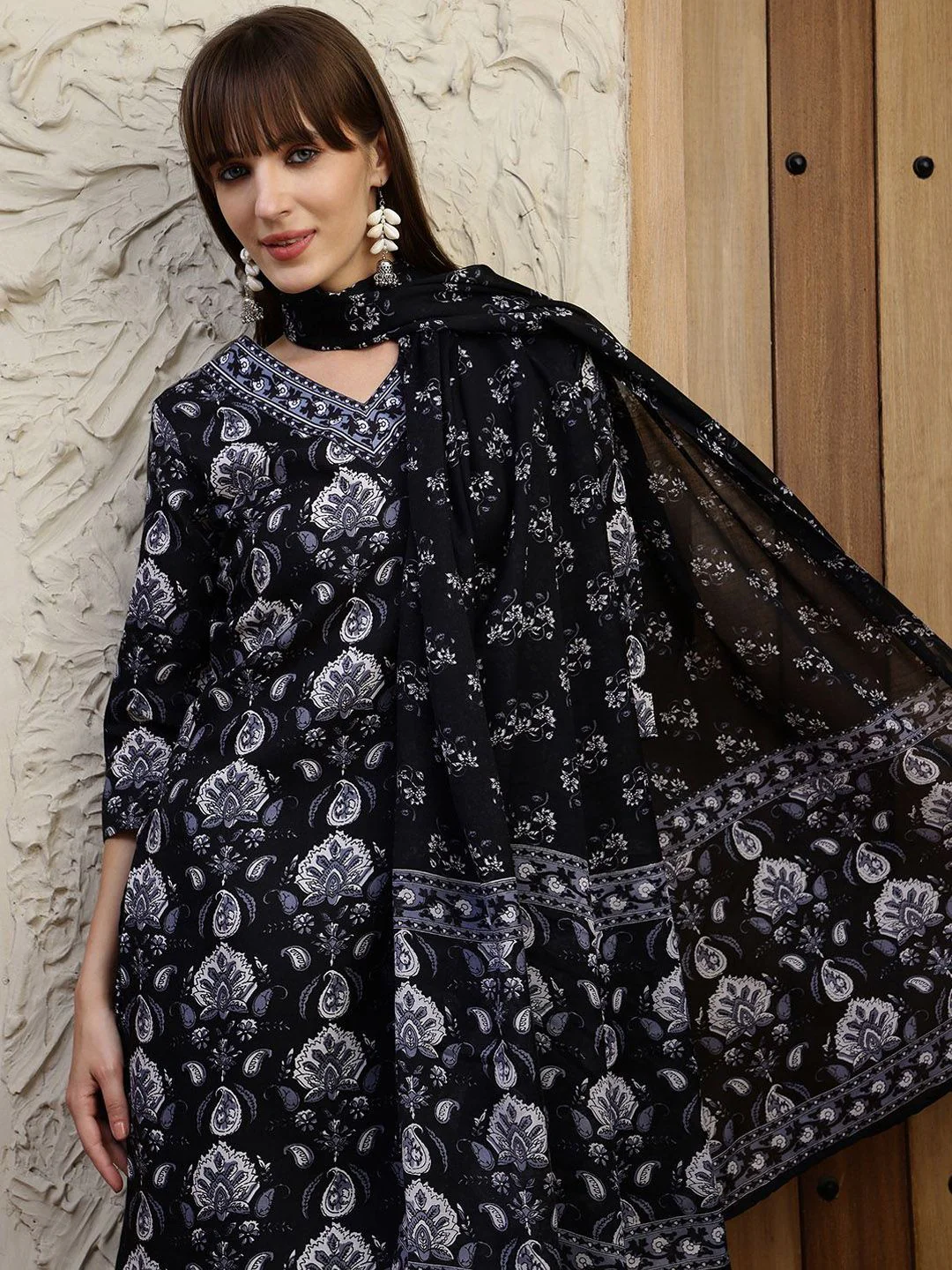 KALINI Floral Printed V-Neck Straight Kurta With Trousers And Dupatta - Image 2