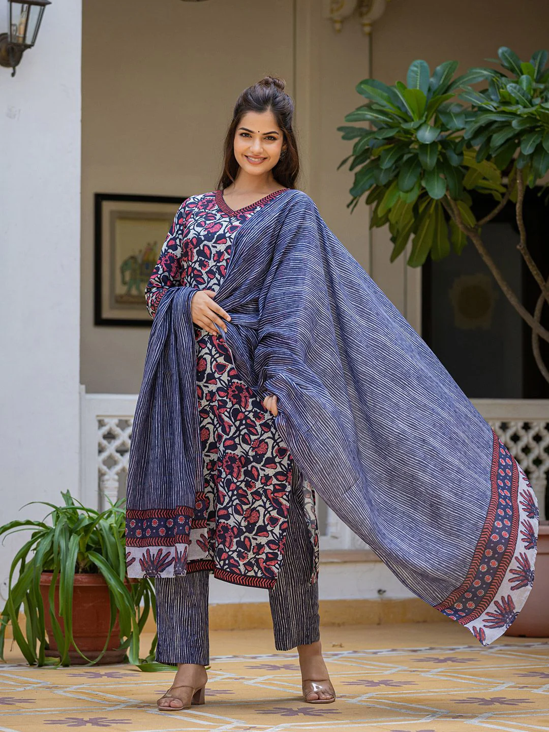 KALINI Floral Printed V Neck Straight Kurta With Trousers & Dupatta - Image 5