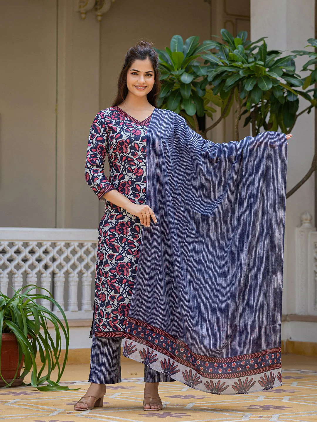 KALINI Floral Printed V Neck Straight Kurta With Trousers & Dupatta - Image 6