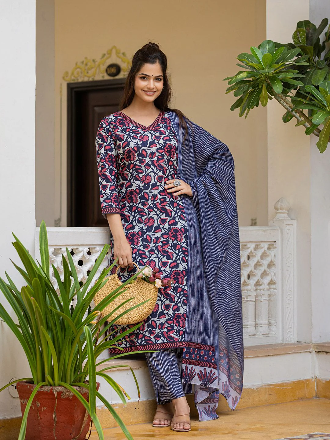 KALINI Floral Printed V Neck Straight Kurta With Trousers & Dupatta - Image 7