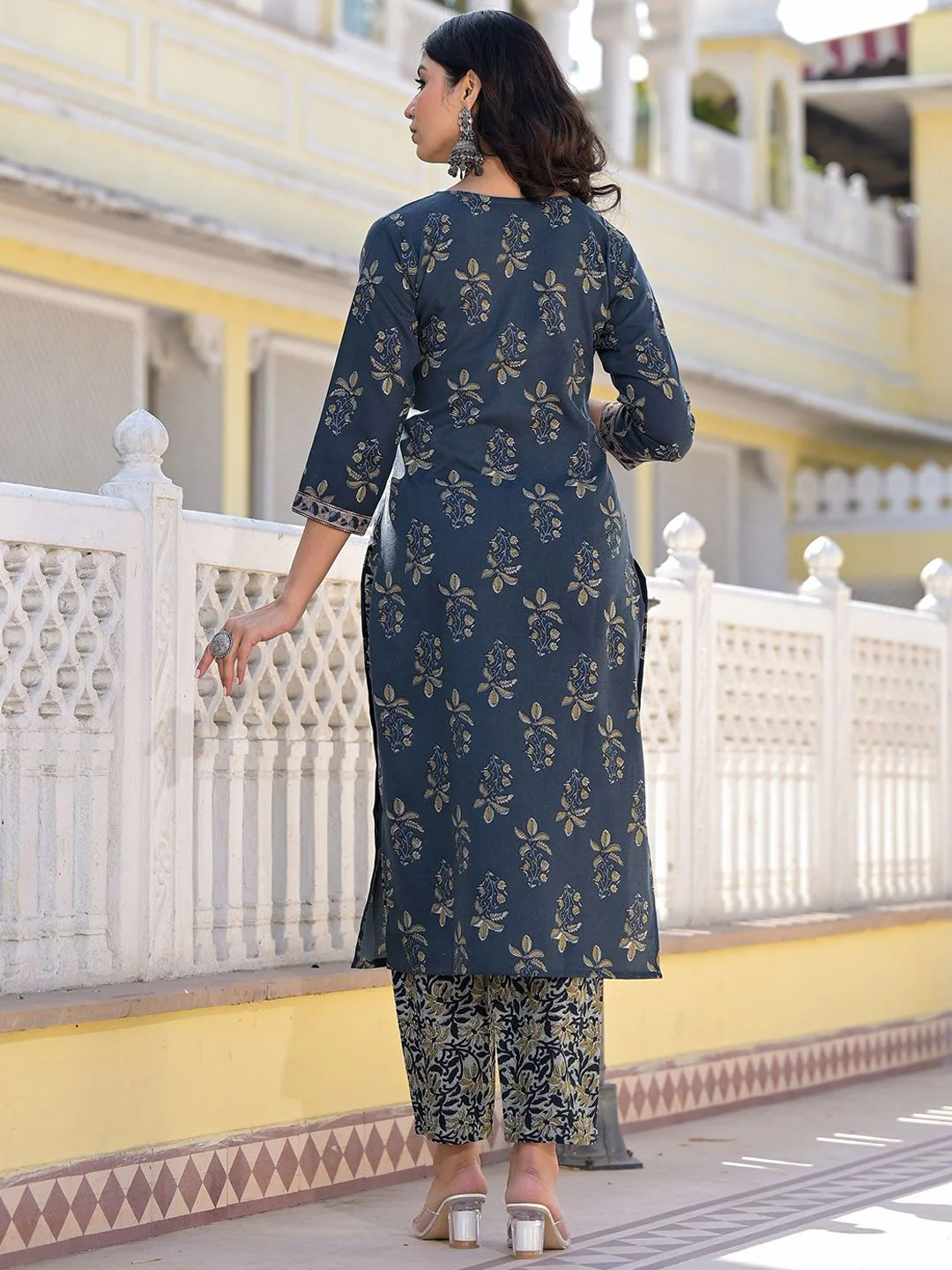 KALINI Floral Printed V Neck Straight Kurta With Trousers & Duppatta - Image 4