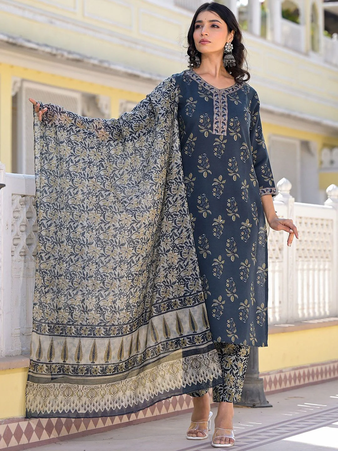 KALINI Floral Printed V Neck Straight Kurta With Trousers & Duppatta - Image 6