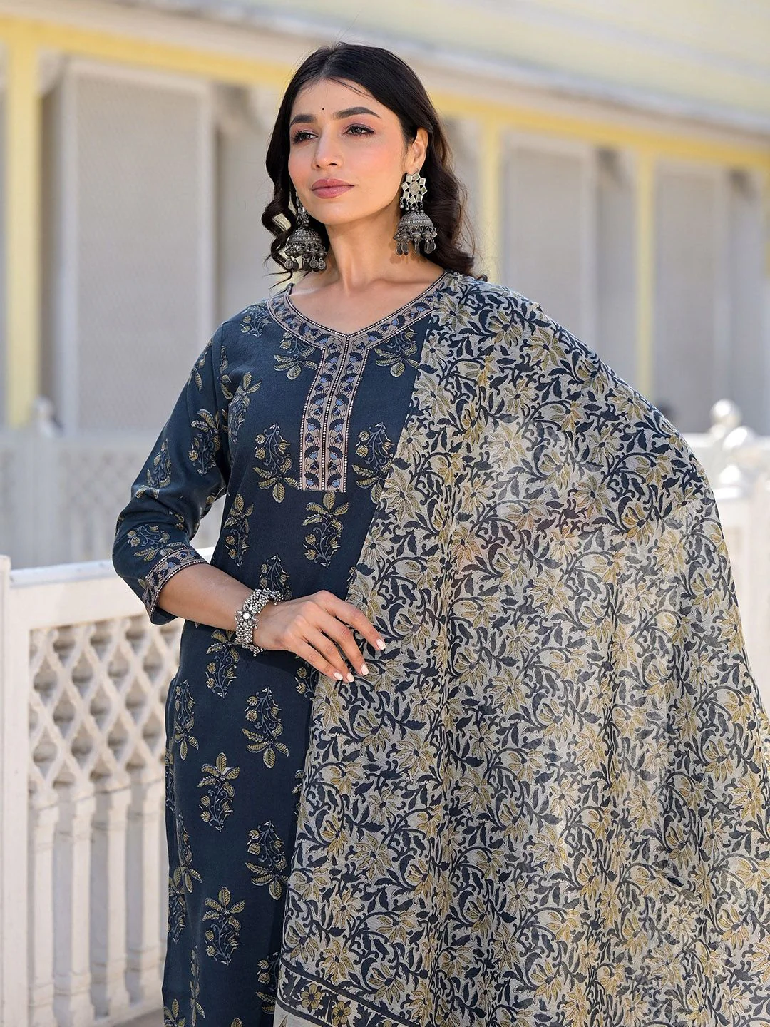 KALINI Floral Printed V Neck Straight Kurta With Trousers & Duppatta - Image 7