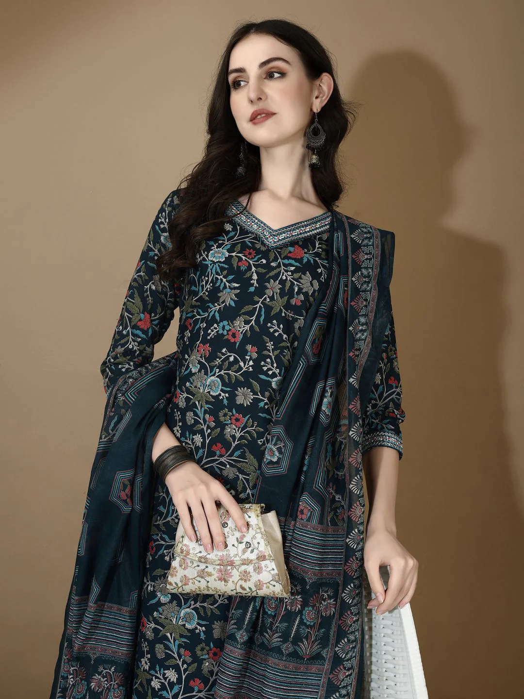 KALINI Floral Printed V-Neck Thread Work Straight Kurta with Trousers & Dupatta - Image 2