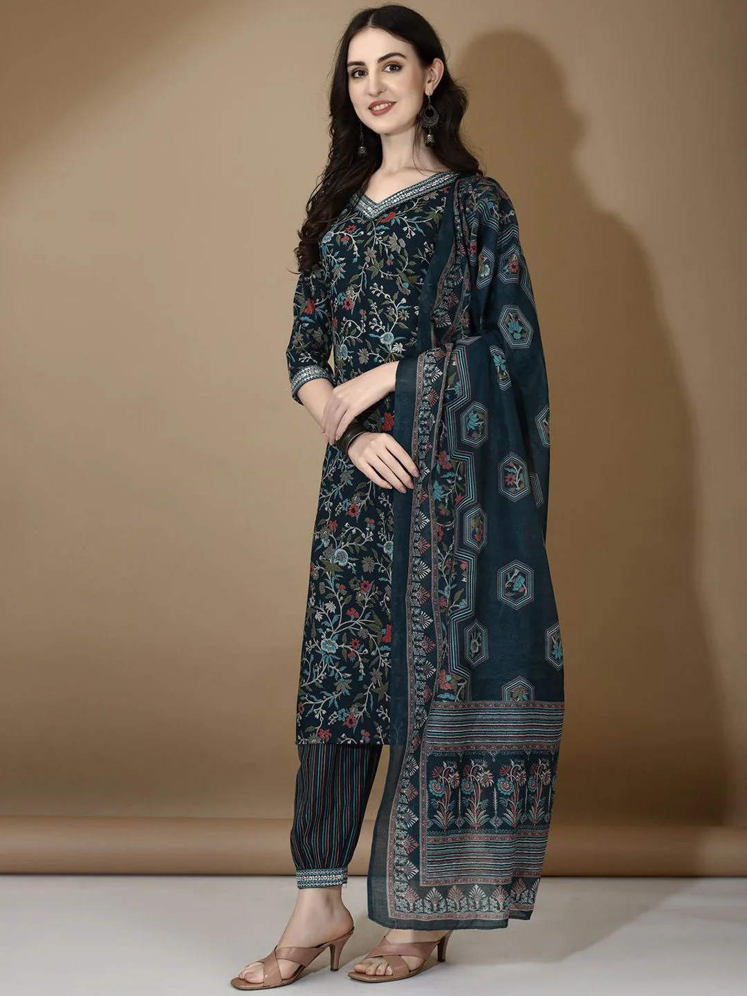 KALINI Floral Printed V-Neck Thread Work Straight Kurta with Trousers & Dupatta - Image 4