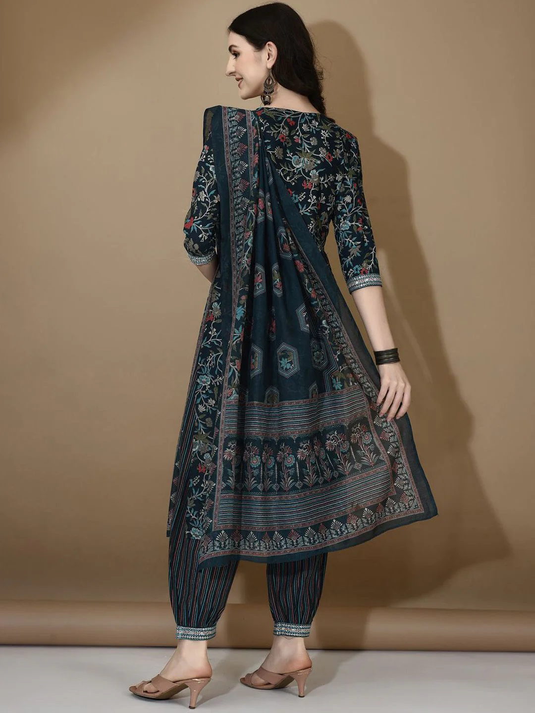 KALINI Floral Printed V-Neck Thread Work Straight Kurta with Trousers & Dupatta - Image 6