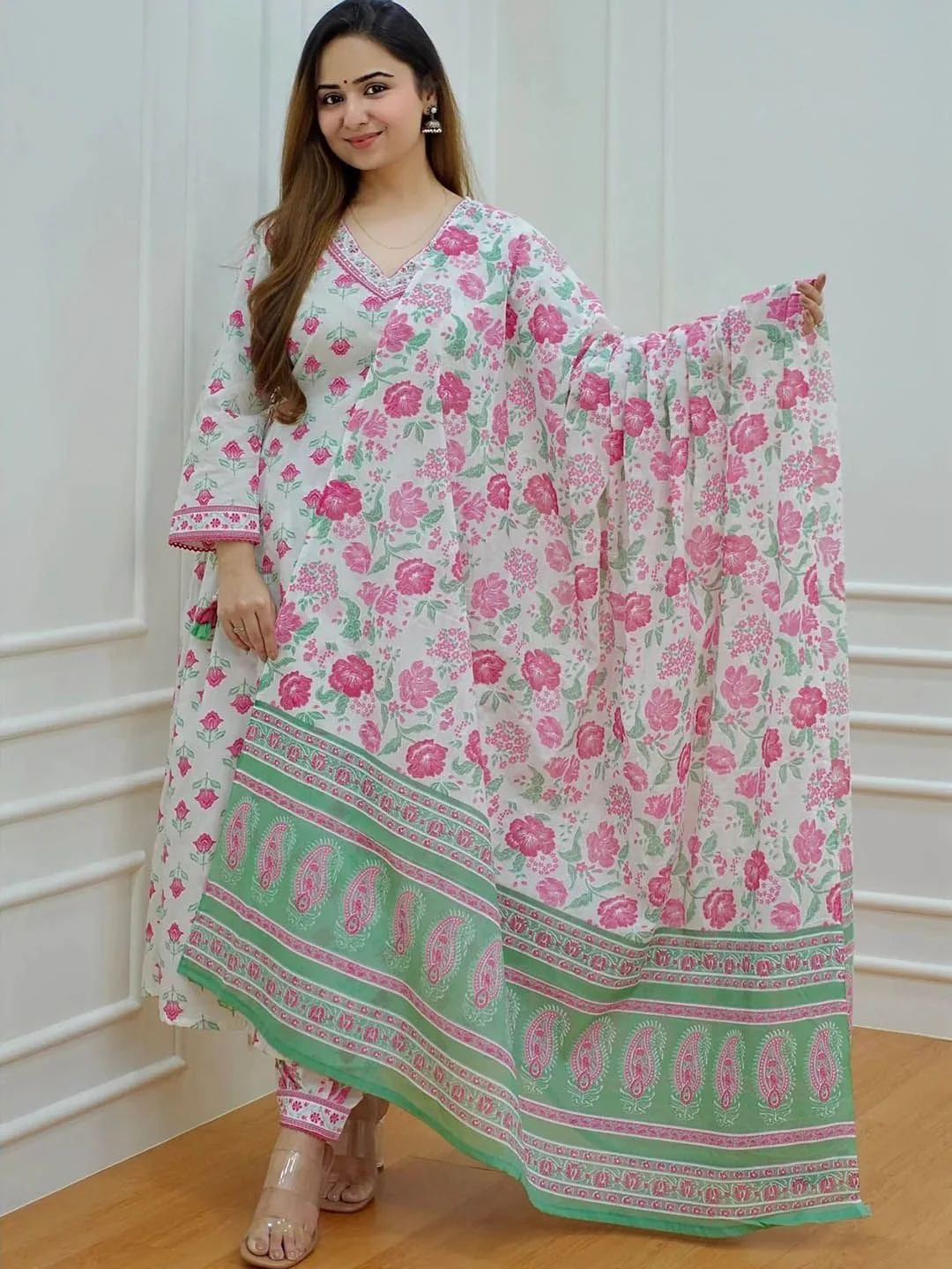 KALINI Floral Printed Waist Tie-Up A-Line Kurta with Trousers & Dupatta - Image 3