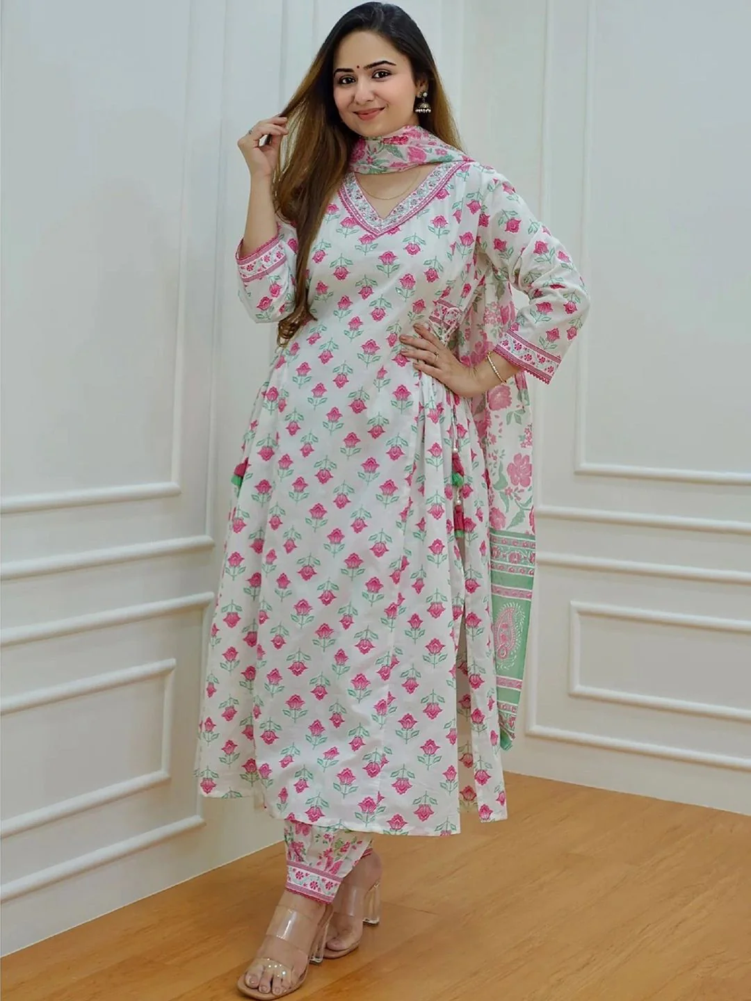KALINI Floral Printed Waist Tie-Up A-Line Kurta with Trousers & Dupatta - Image 4
