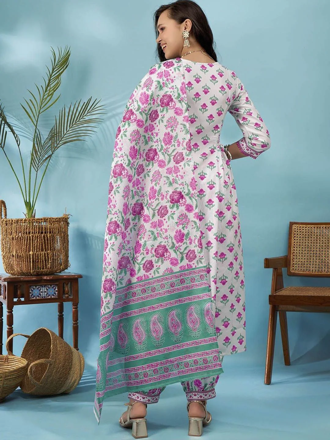 KALINI Floral Printed Waist Tie-Up A-Line Kurta with Trousers & Dupatta - Image 5