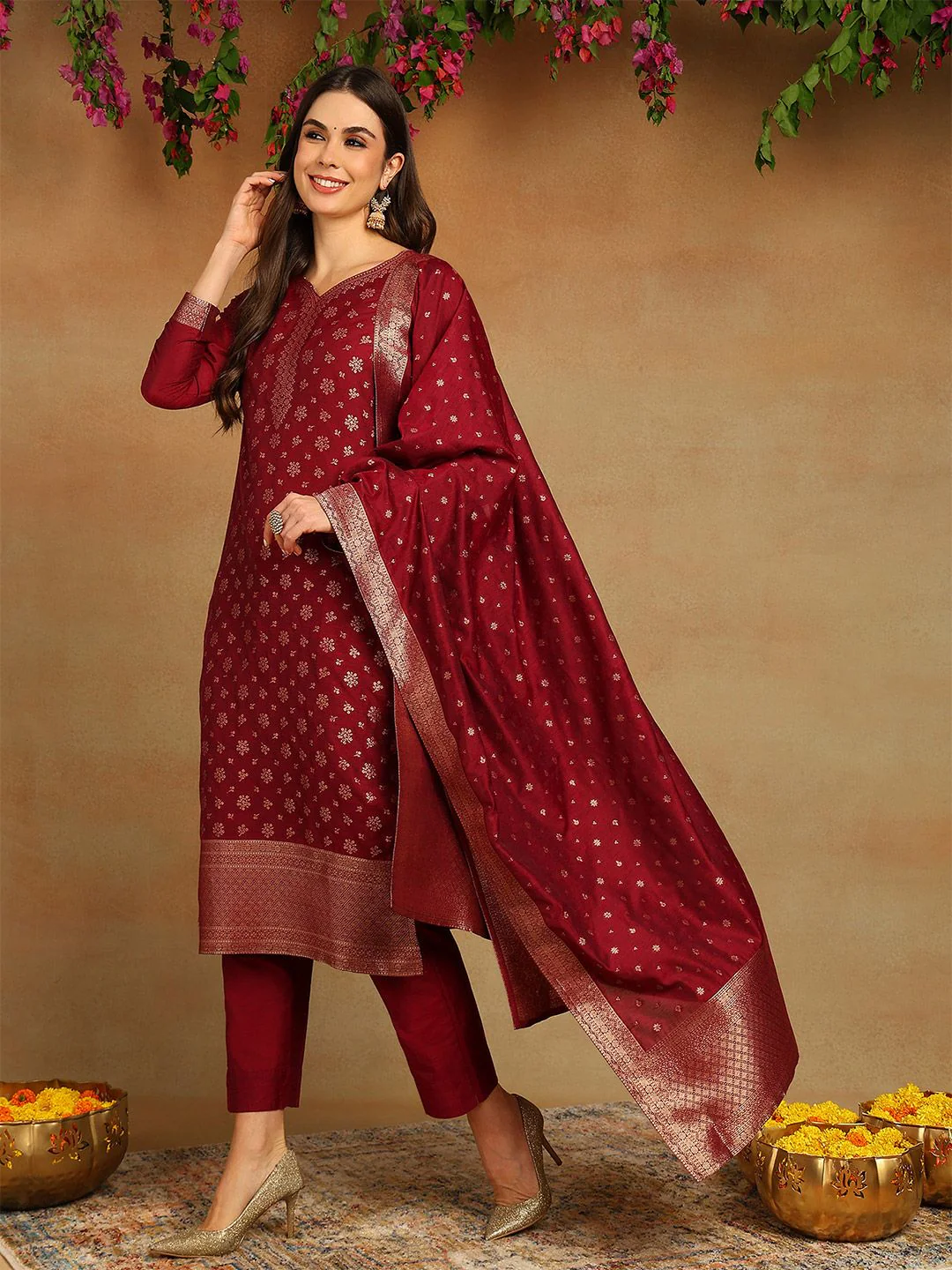 KALINI Floral Woven Design Zari Straight Kurta With Trousers & Dupatta - Image 5