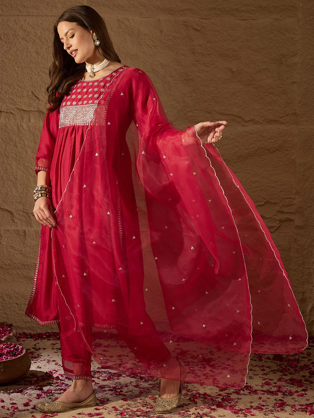 KALINI Floral Yoke Design Regular Sequinned Kurta with Trousers & With Dupatta - Image 5