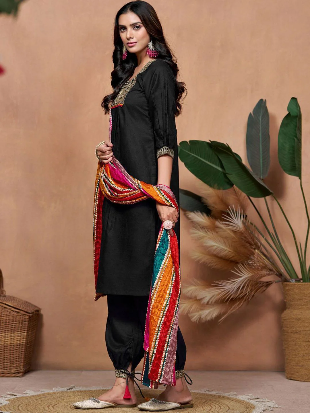 KALINI Floral Yoke Design Sequinned Straight Kurta With Salwar & Dupatta - Image 3