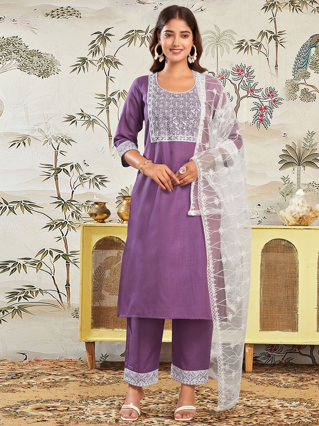 KALINI Floral Yoke Design Sequinned Straight Kurta with Trousers & Dupatta - Image 2