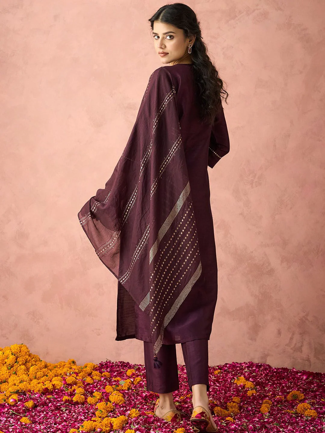 KALINI Floral Yoke Design Sequinned Straight Kurta with Trousers & Dupatta - Image 5