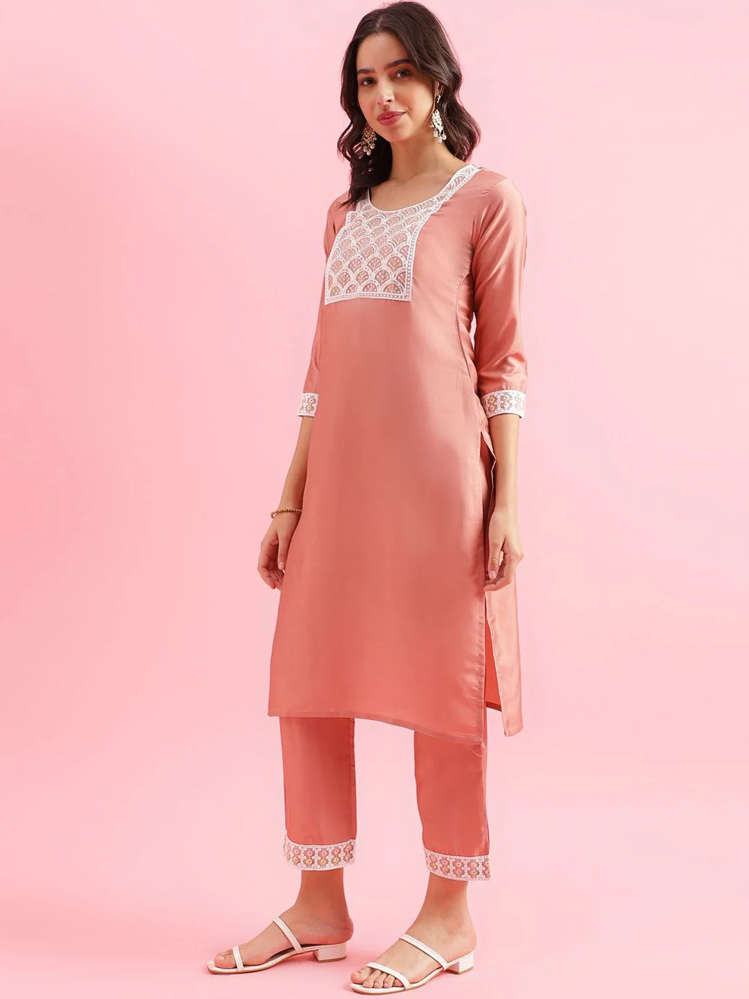 KALINI Floral Yoke Design Straight Thread Work Kurta with Trousers & Dupatta - Image 3