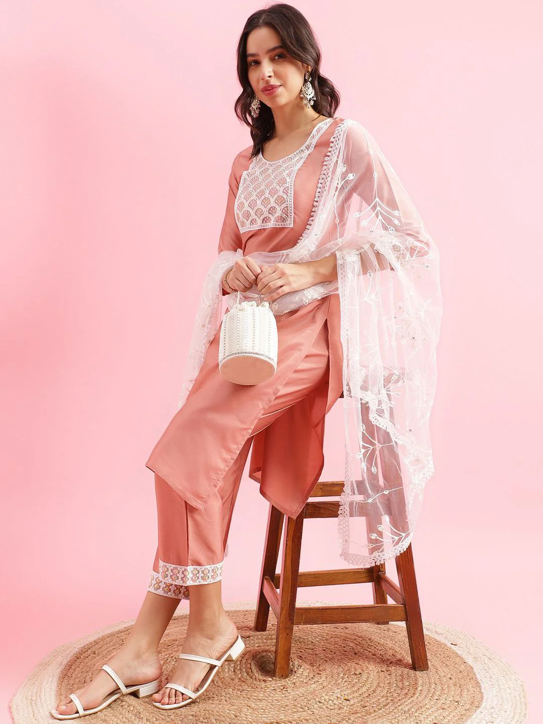 KALINI Floral Yoke Design Straight Thread Work Kurta with Trousers & Dupatta - Image 4