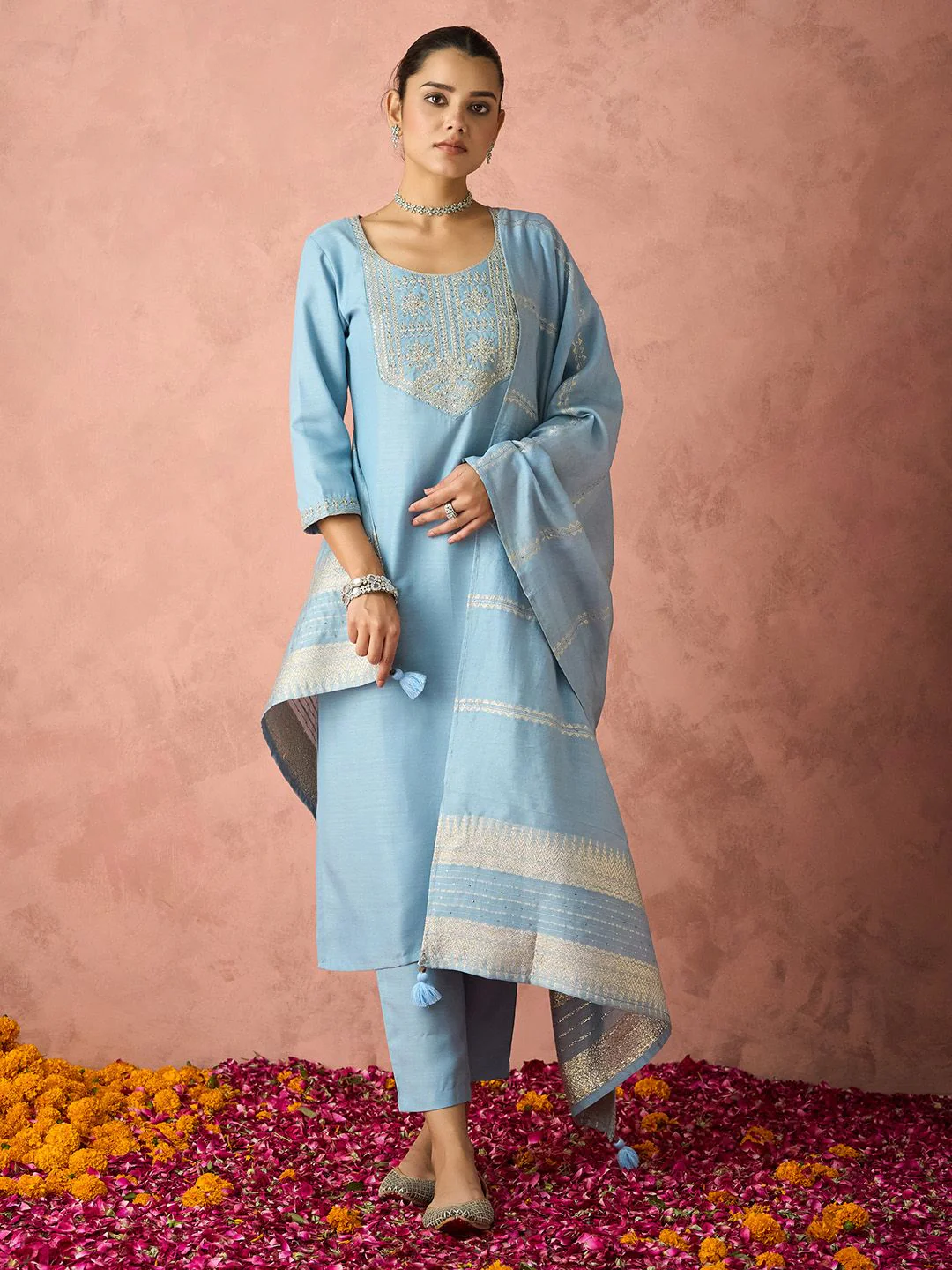 KALINI Floral Yoke Design Straight Thread Work Kurta with Trousers & Dupatta - Image 4