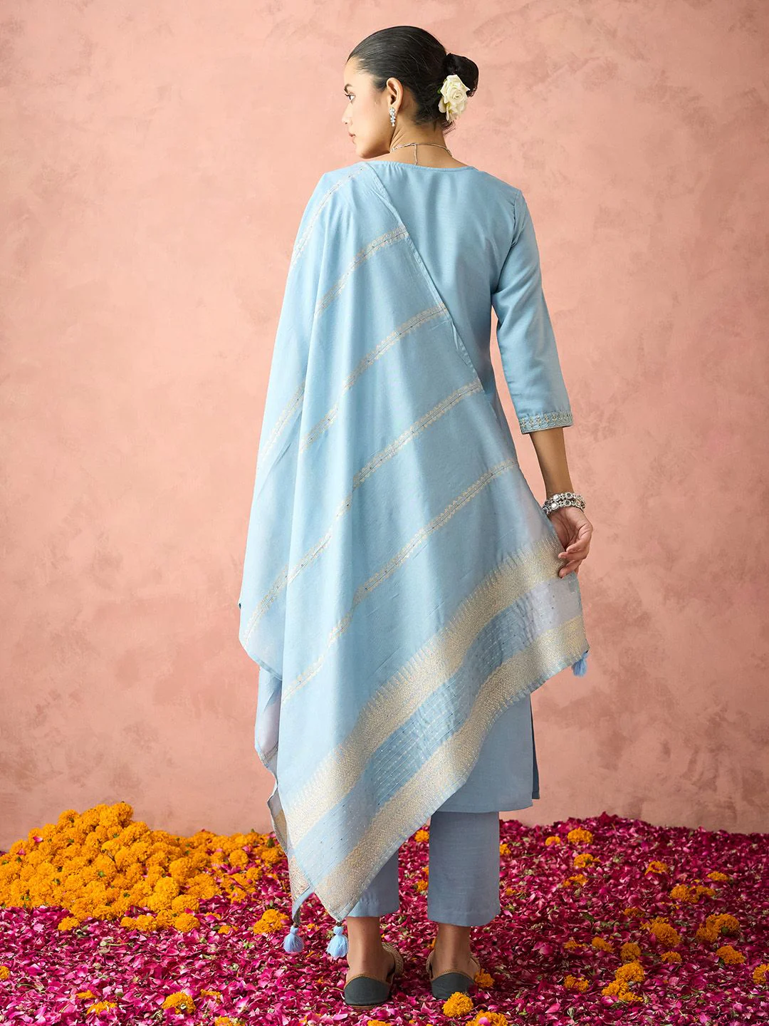 KALINI Floral Yoke Design Straight Thread Work Kurta with Trousers & Dupatta - Image 5