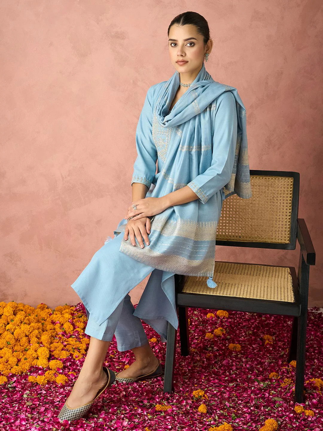 KALINI Floral Yoke Design Straight Thread Work Kurta with Trousers & Dupatta - Image 6