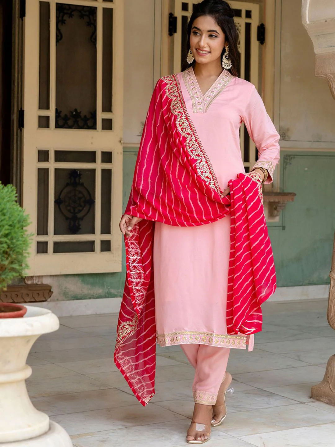 KALINI Floral Yoke Design Zari Gotta Patti Kurta with Trousers & Dupatta - Image 3
