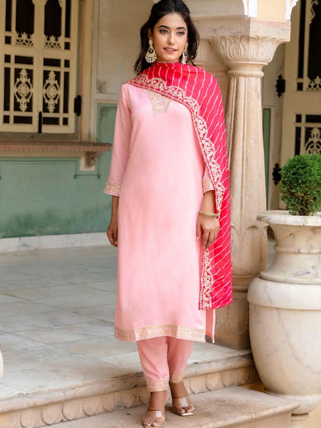 KALINI Floral Yoke Design Zari Gotta Patti Kurta with Trousers & Dupatta - Image 4