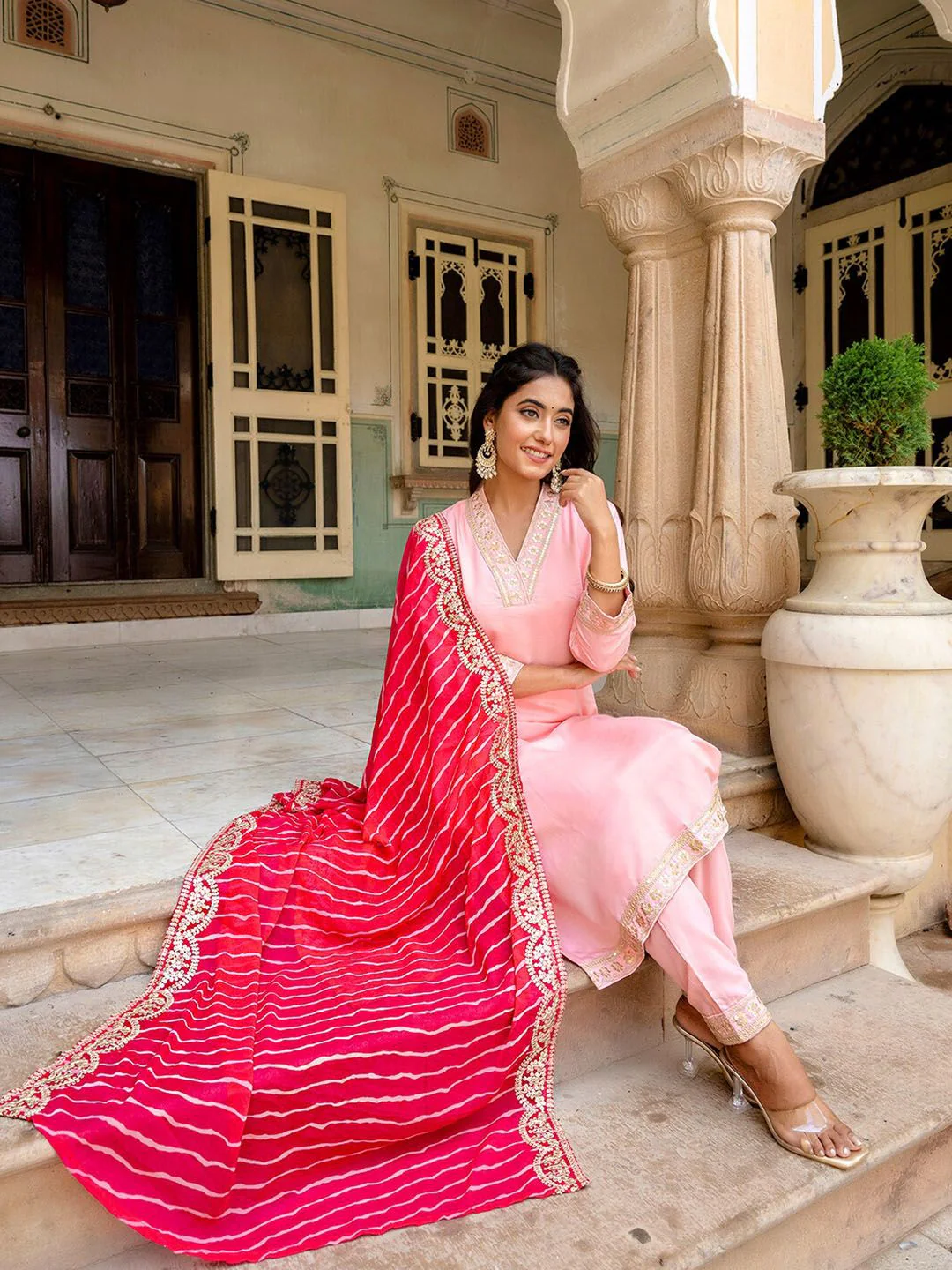 KALINI Floral Yoke Design Zari Gotta Patti Kurta with Trousers & Dupatta - Image 6