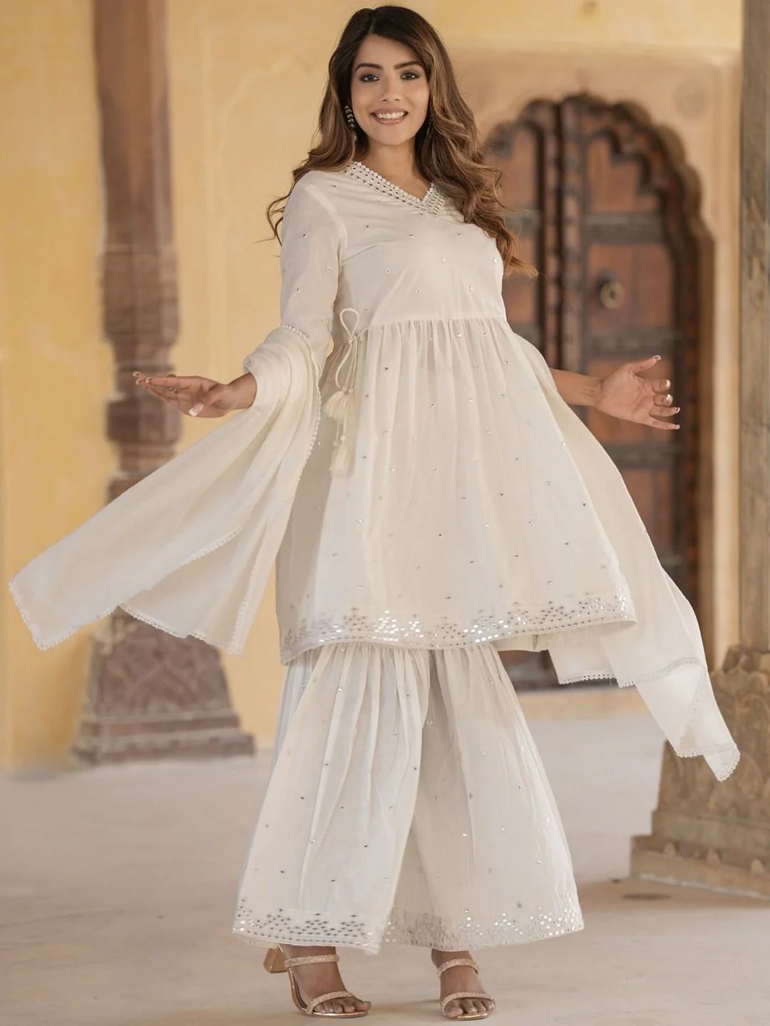 KALINI Geometric Embroidered Mirror Work Pure Cotton A-Line Kurta With Sharara & Dupatta - Image 3