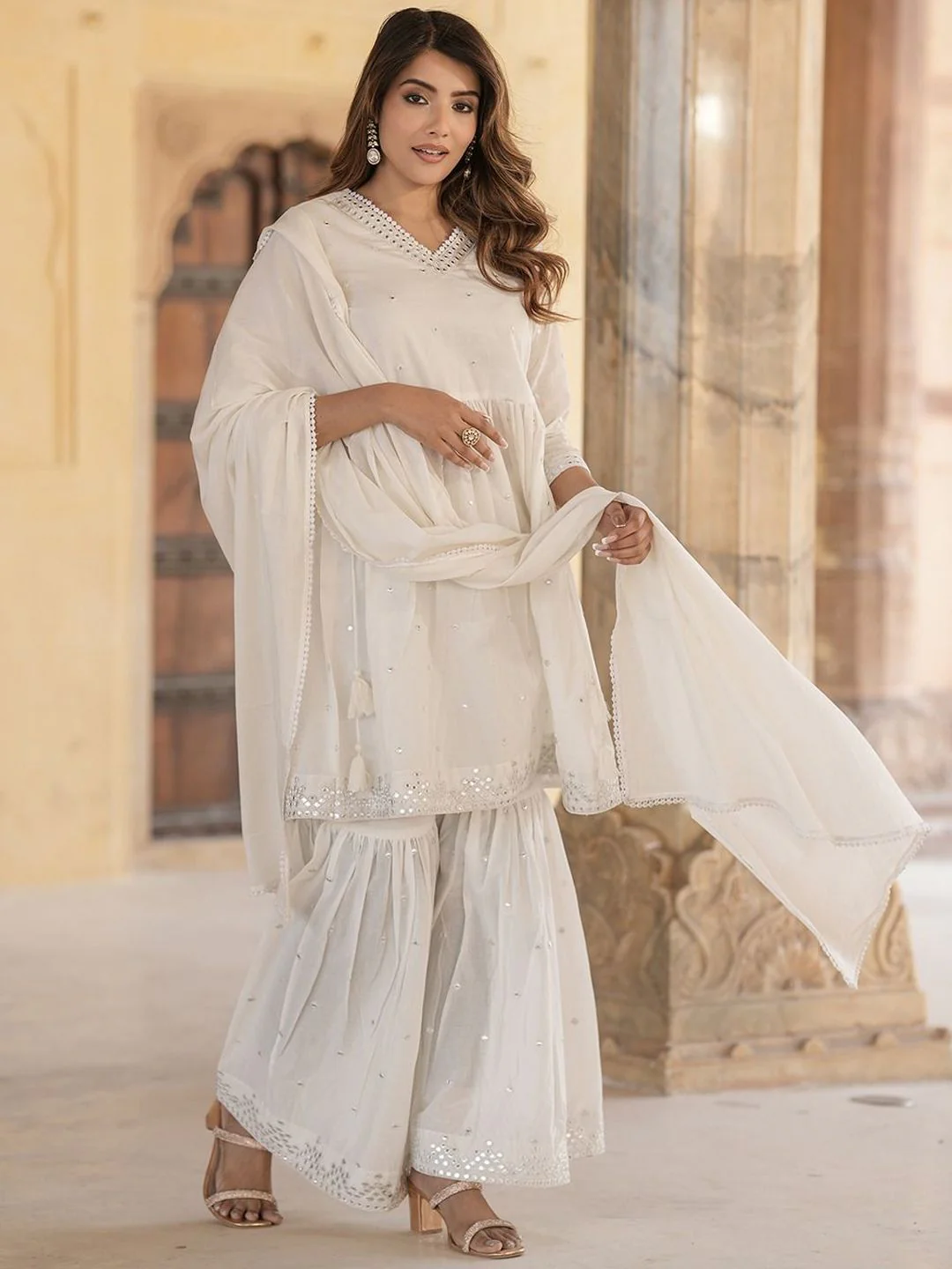 KALINI Geometric Embroidered Mirror Work Pure Cotton A-Line Kurta With Sharara & Dupatta - Image 6