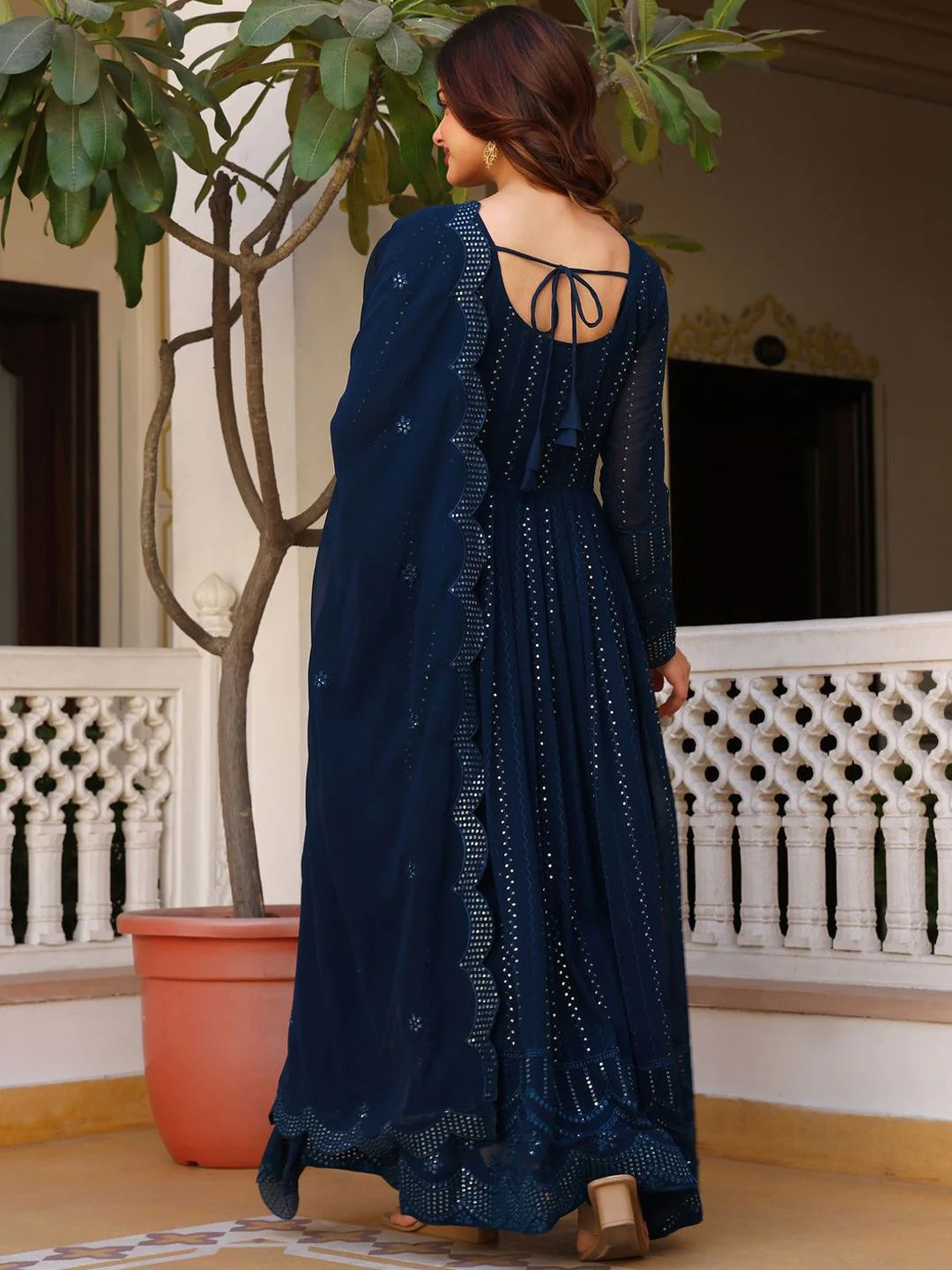 KALINI Geometric Embroidered Sweetheart Neck Anarkali Kurta With Pyjamas & Dupatta - Image 5