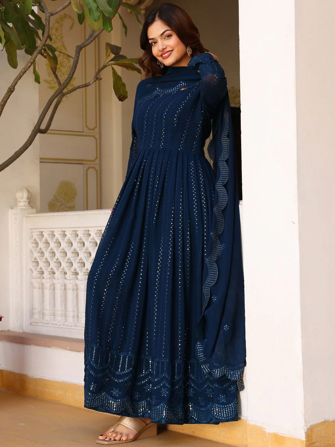 KALINI Geometric Embroidered Sweetheart Neck Anarkali Kurta With Pyjamas & Dupatta - Image 6