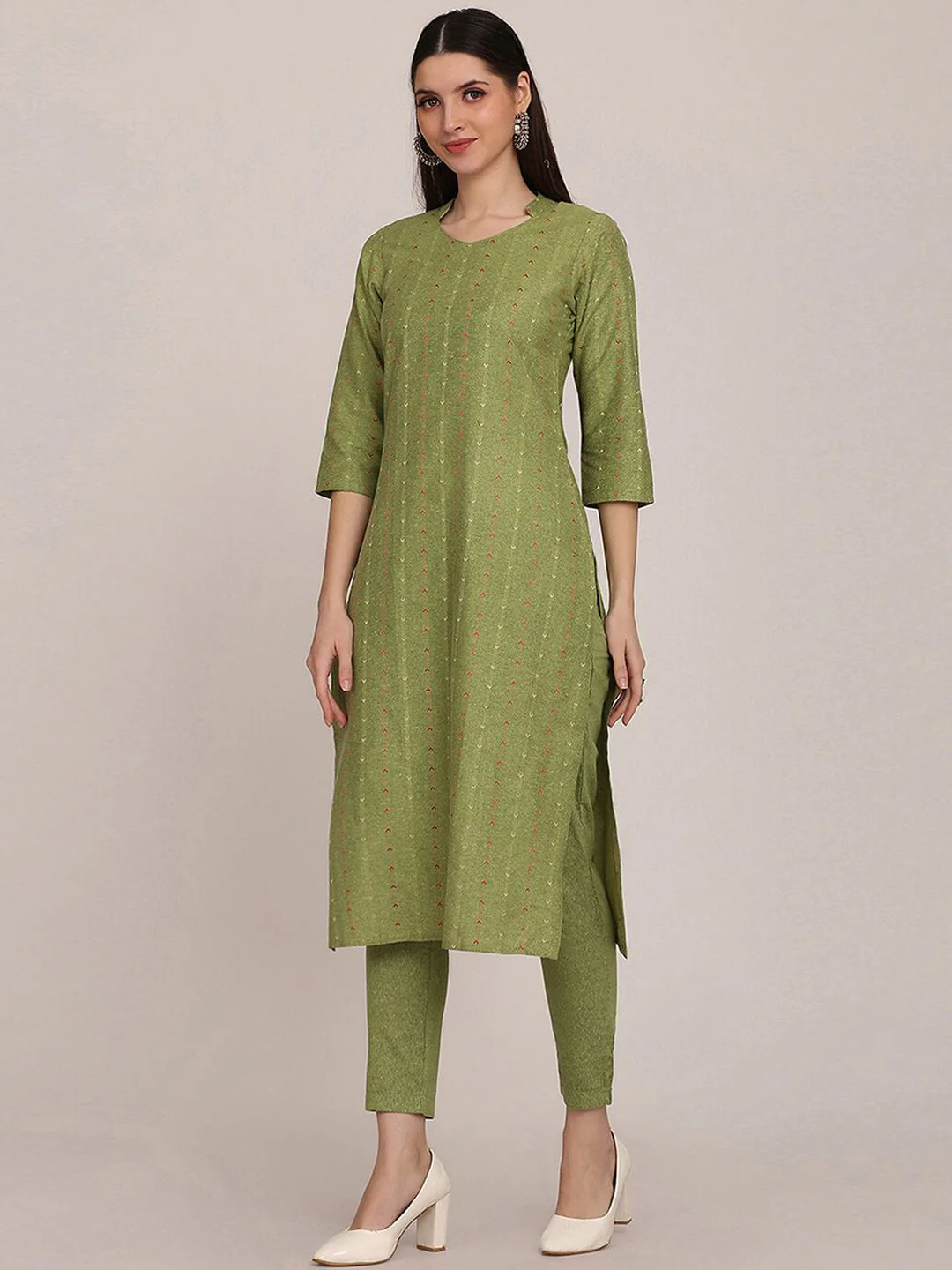 KALINI Geometric Woven Design Mandarin Collar Straight Kurta With Trouser - Image 4