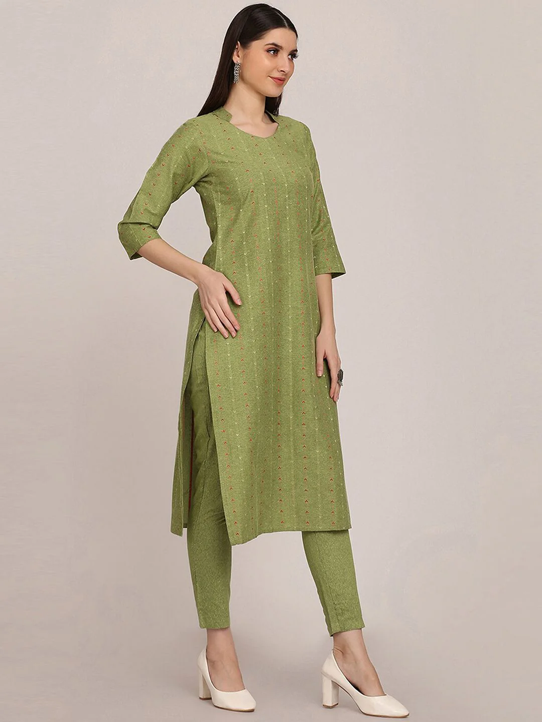 KALINI Geometric Woven Design Mandarin Collar Straight Kurta With Trouser - Image 5