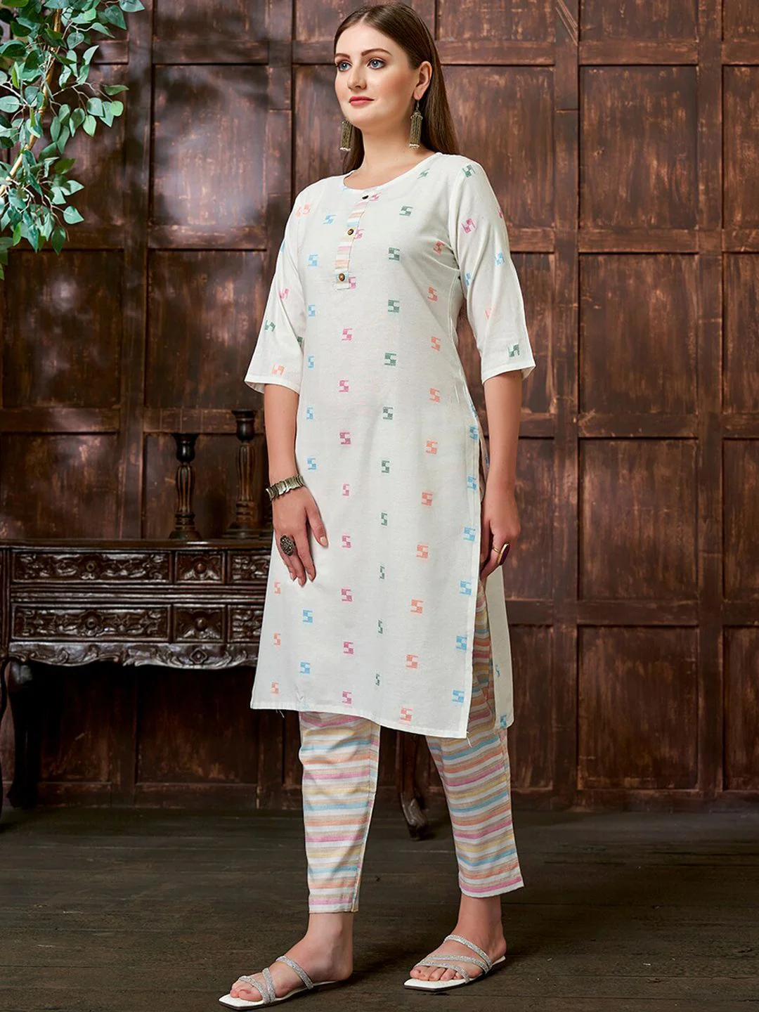 KALINI Geometric Woven Design Thread Work Kurta with Trousers - Image 5