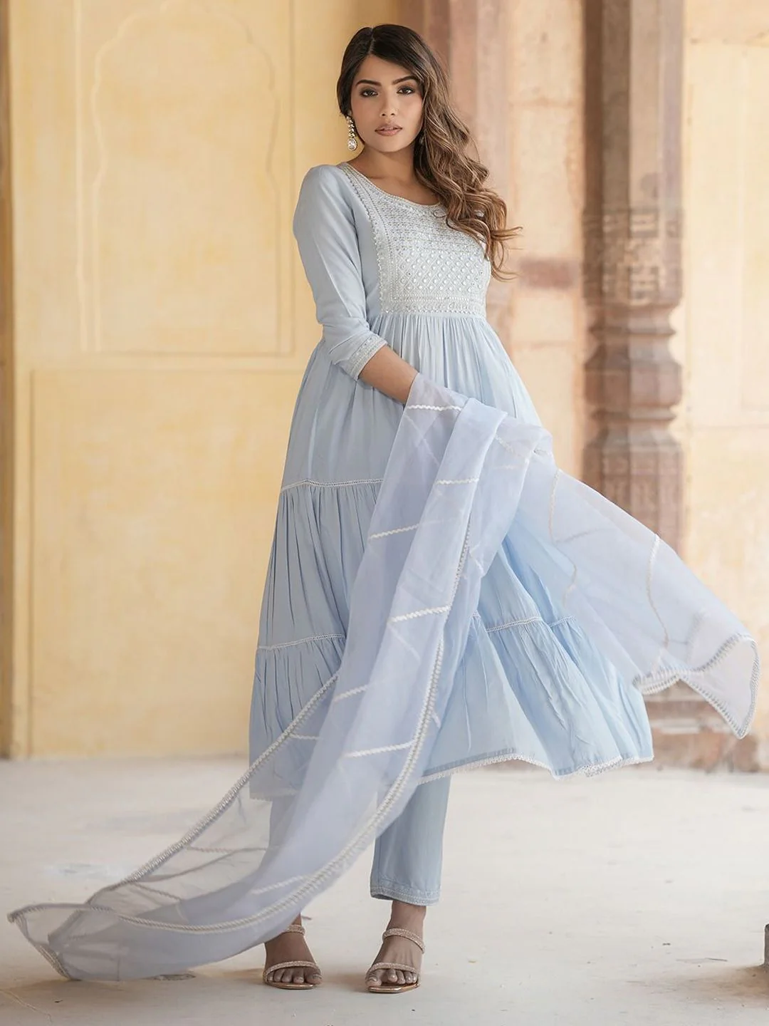 KALINI Geometric Yoke Design Mirror Work Pure Cotton Anarkali Kurta Trousers & Dupatta - Image 7
