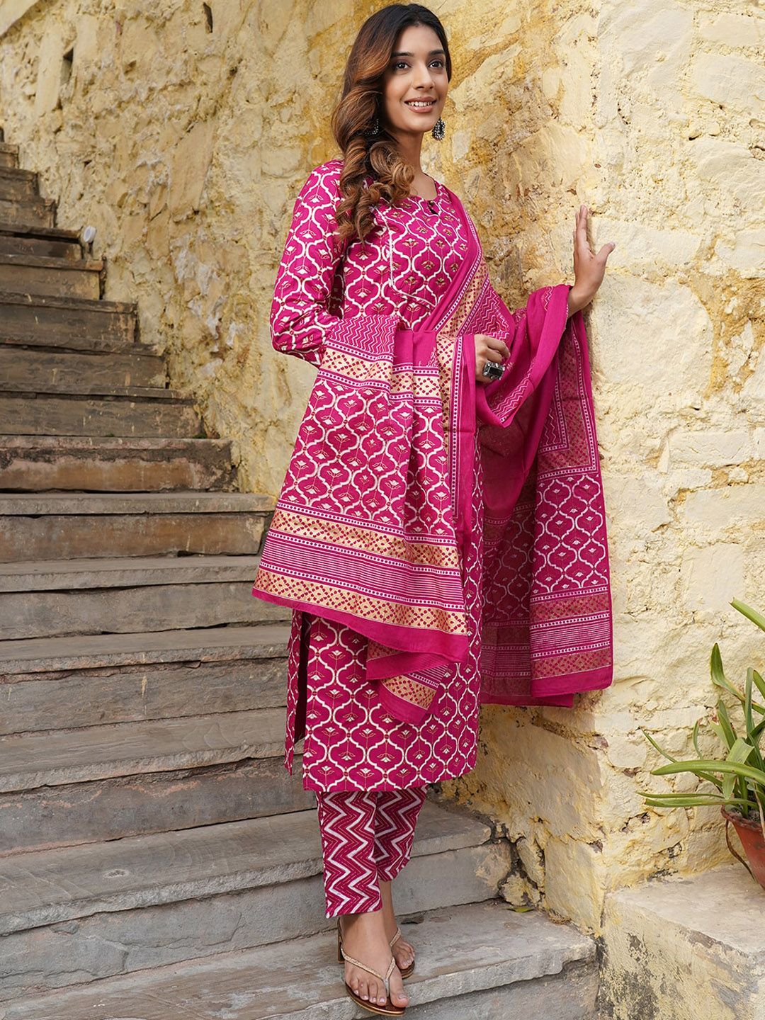 KALINI Keyhole Neck Ethnic Motifs Printed Regular Kurta with Trousers & With Dupatta - Image 3