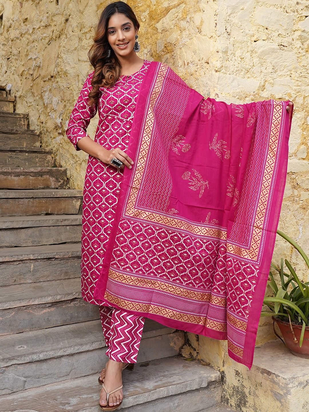 KALINI Keyhole Neck Ethnic Motifs Printed Regular Kurta with Trousers & With Dupatta - Image 7