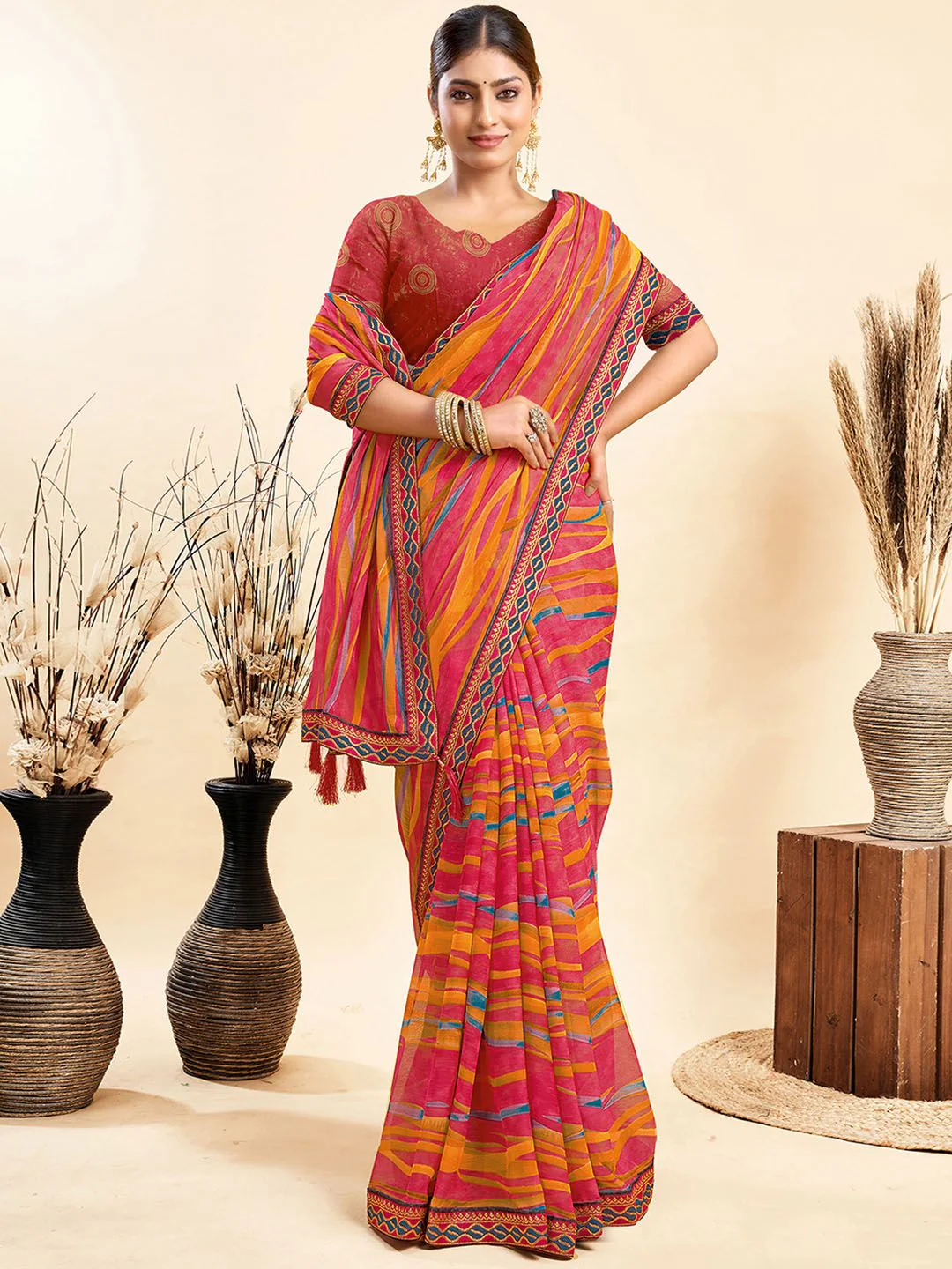 KALINI Leheriya Dyed Pure Chiffon Saree - Image 5