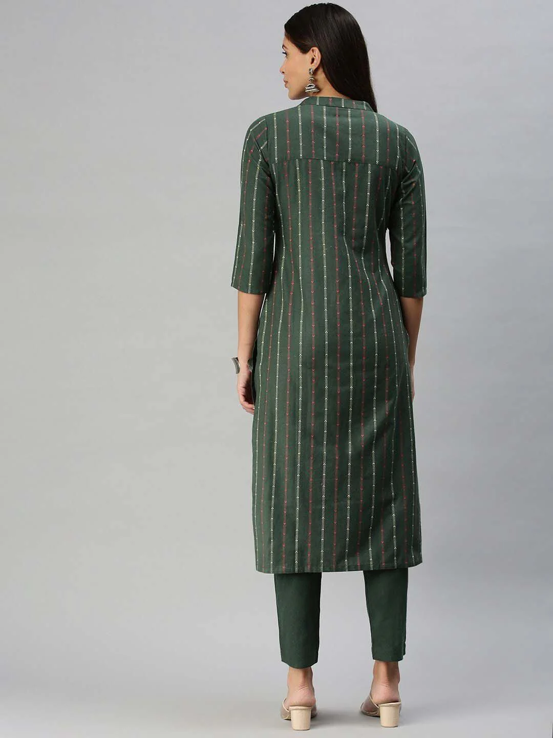 KALINI Mandarin Collar  Woven Design Kurta with Trousers - Image 4