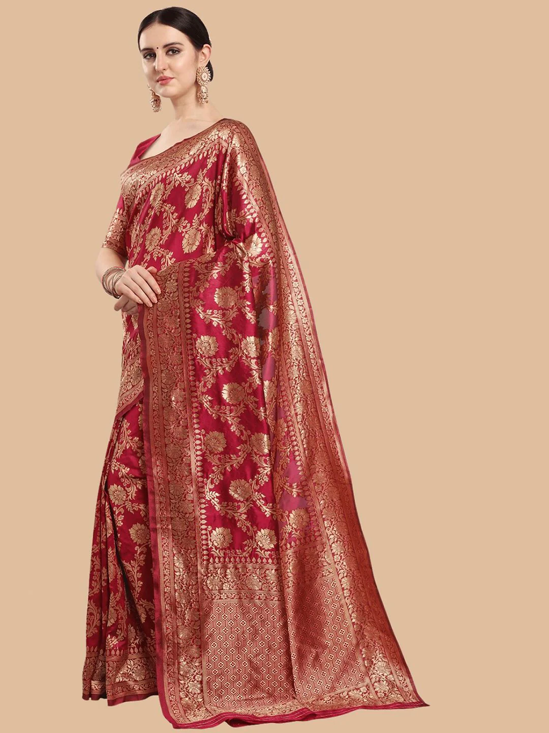 KALINI Maroon & Gold Ethnic Motifs Zari Silk Blend Banarasi Saree - Image 3