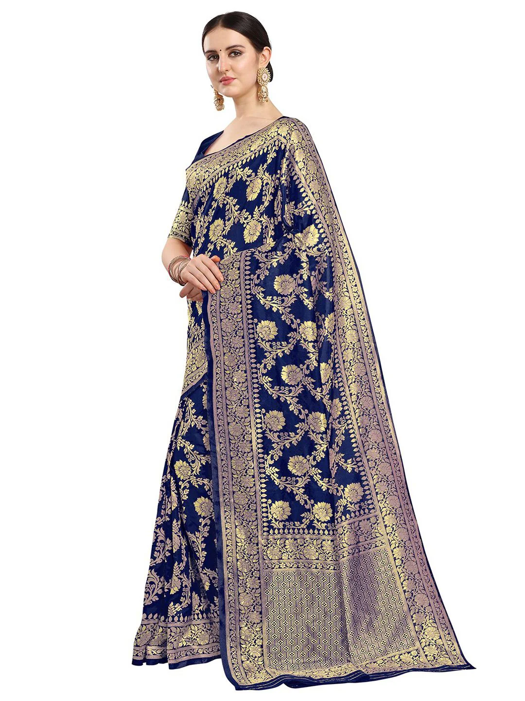 KALINI Navy Blue & Gold-Toned Woven Design Zari Silk Blend Fusion Banarasi Saree - Image 2